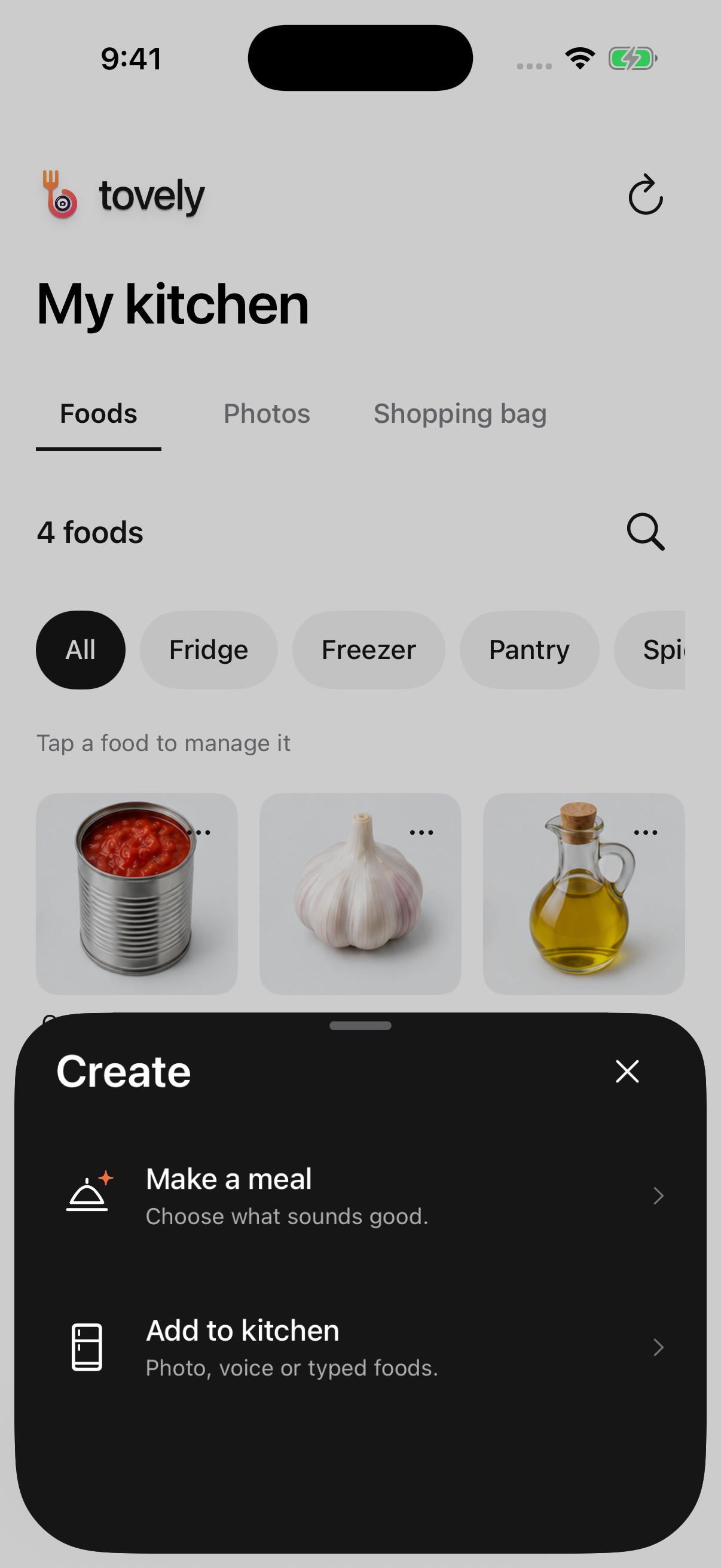 Actual Create sheet with Make a meal and Add to kitchen