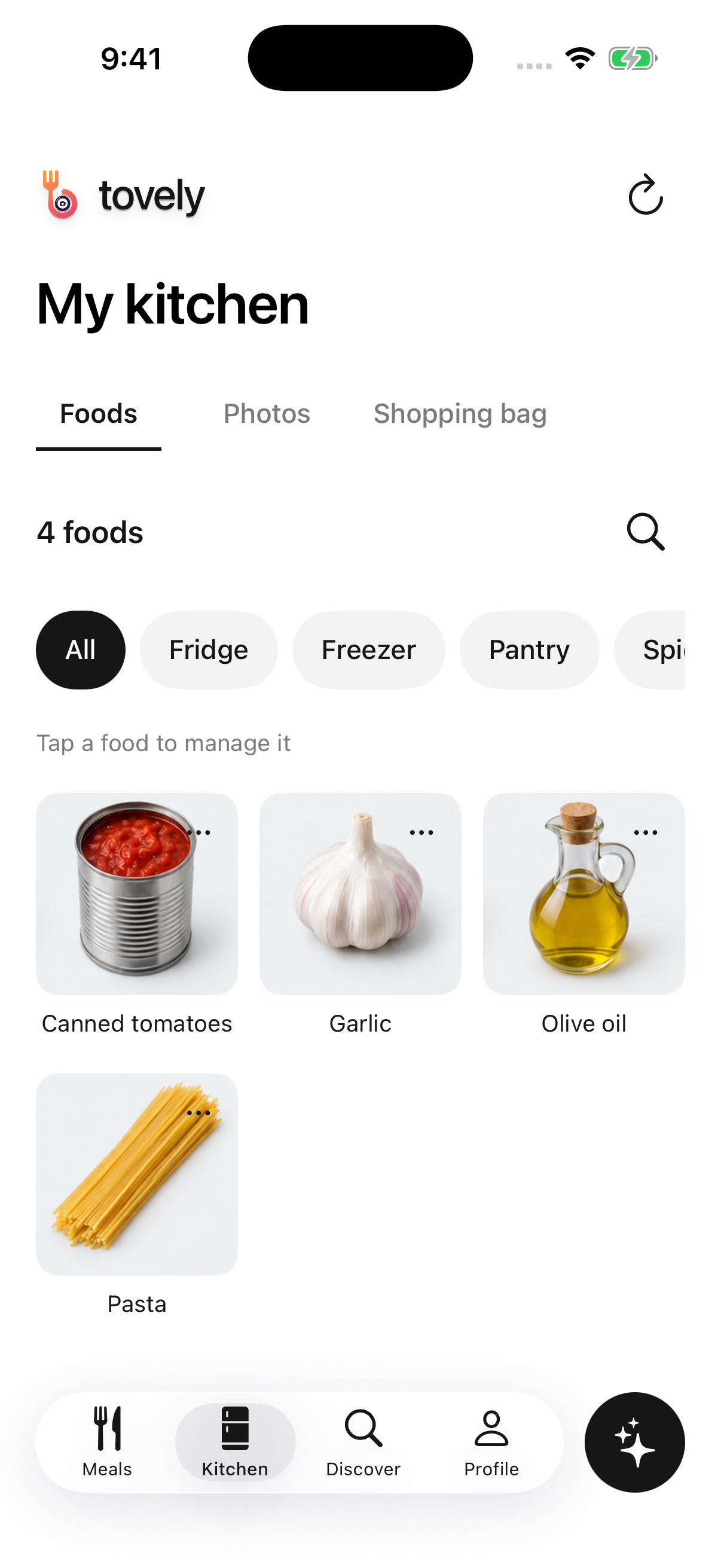 Actual Tovely Kitchen screen with sample foods