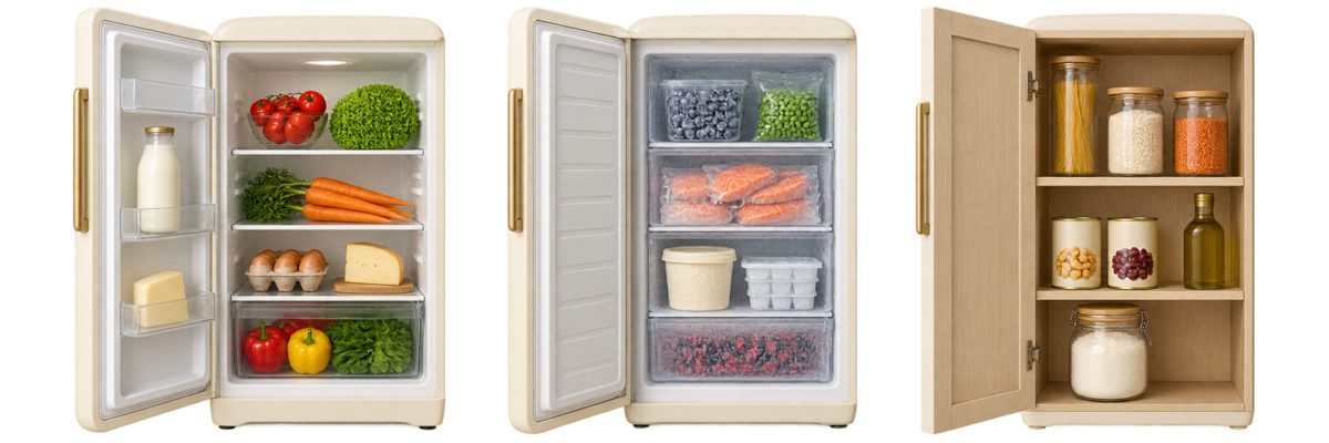 An open fridge with fresh foods, a freezer with frozen foods, and a pantry with dry ingredients