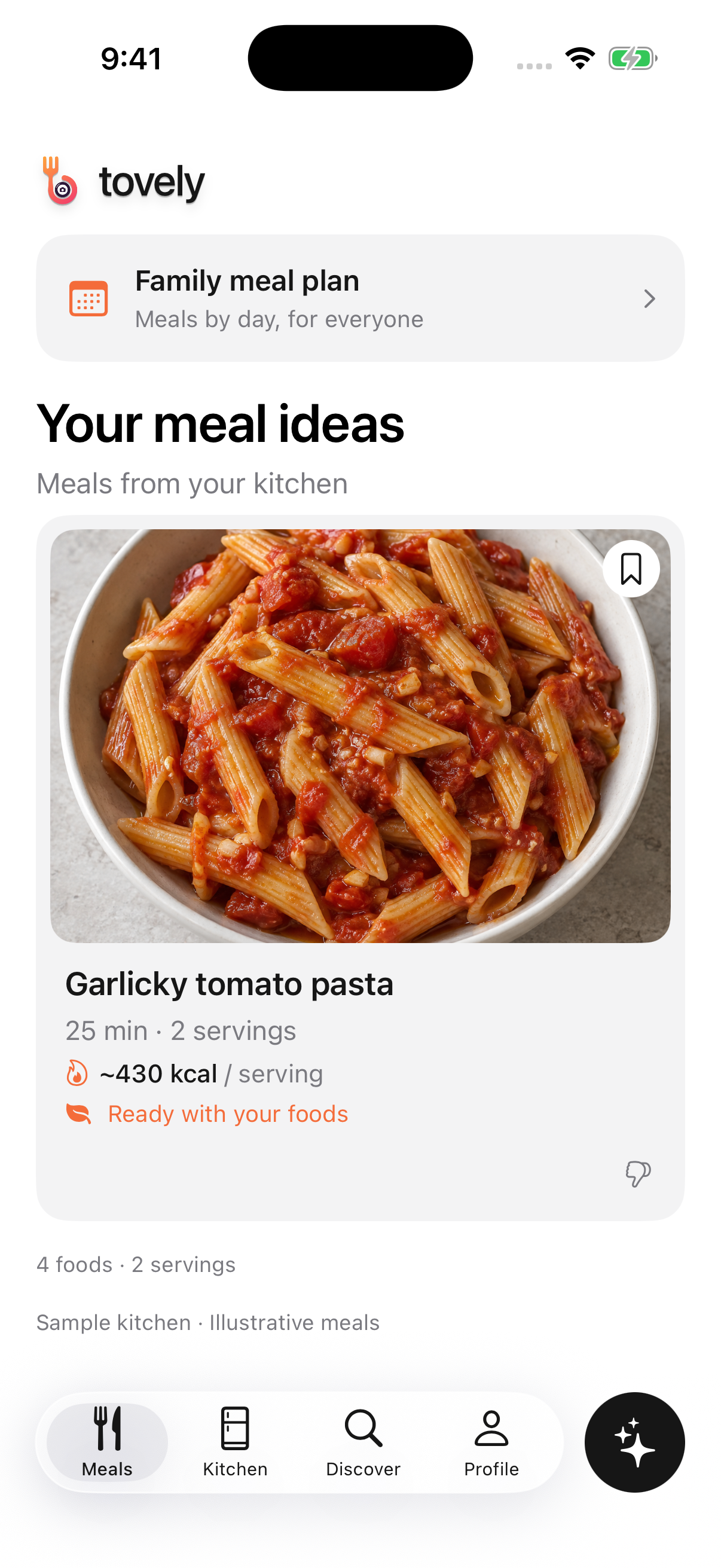 Actual Tovely Meals screen with sample foods