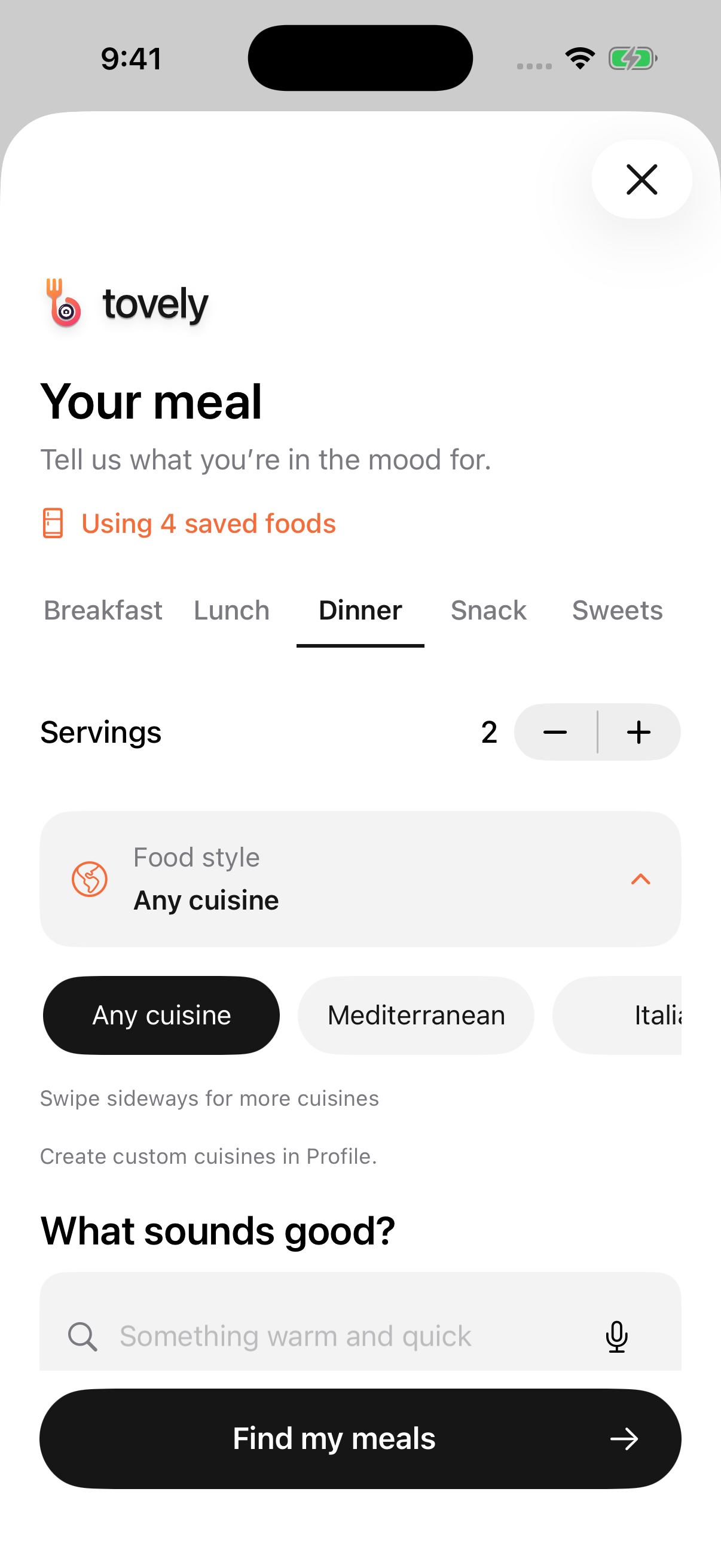 Actual meal options: meal type, servings, food style and craving